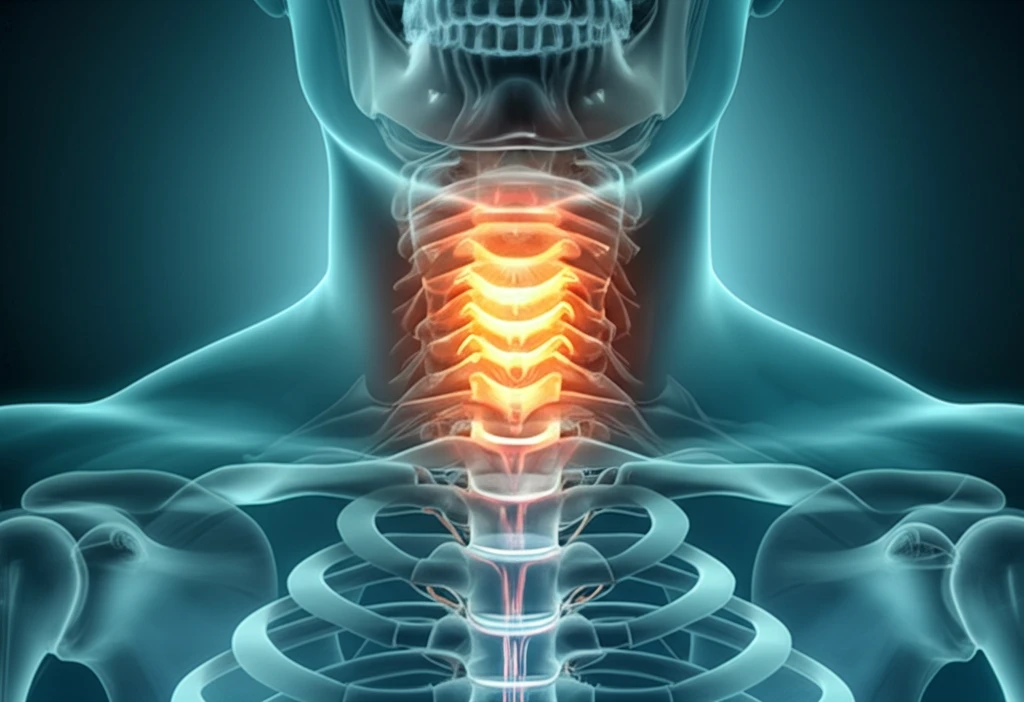 Illustration of a glowing human neck with the cervical spine visible, emphasizing the C1 vertebra.