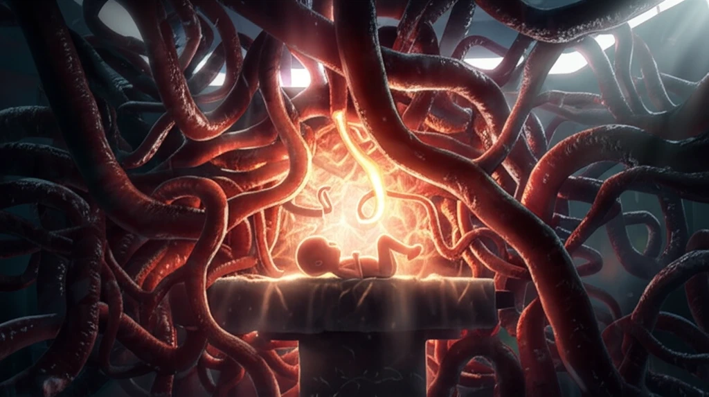 Surreal illustration of infant surgery complicated by preduodenal portal vein.