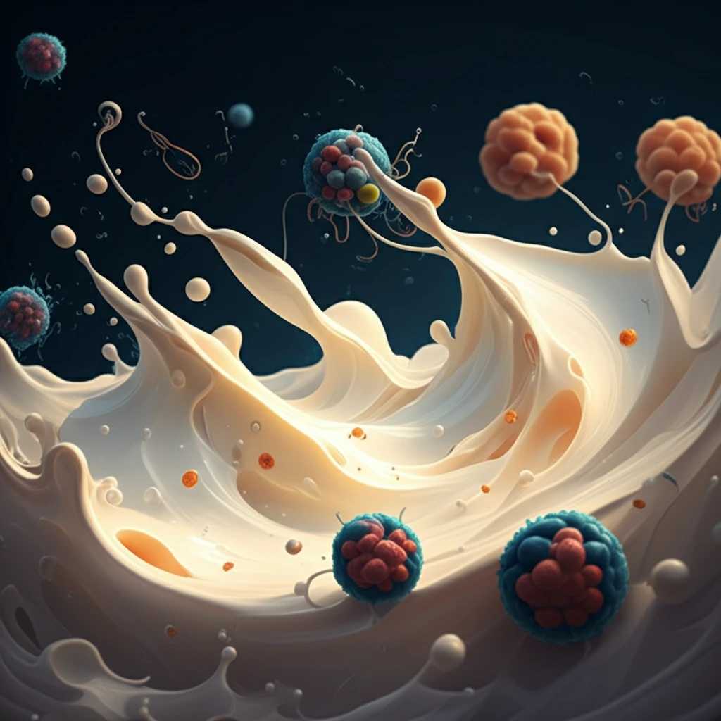 Surreal illustration of milk and cheese with microscopic enzyme highlights.