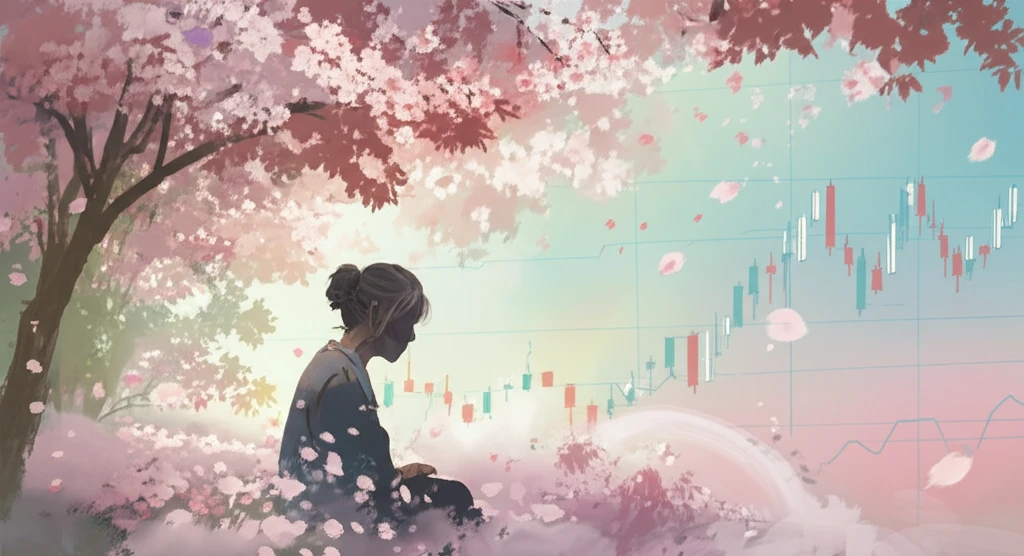 Elderly Japanese person amidst cherry blossoms and economic charts, representing health and financial strain from pneumonia.