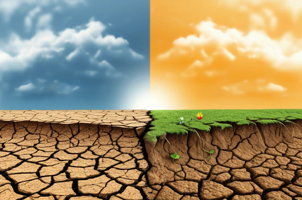 Arid landscape split in half, showing the contrast between dry soil and sparse vegetation under different skies.