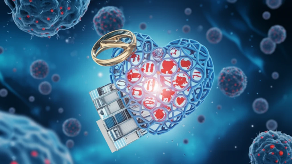 Surreal illustration of marriage, career, and heart health connected by cholesterol.