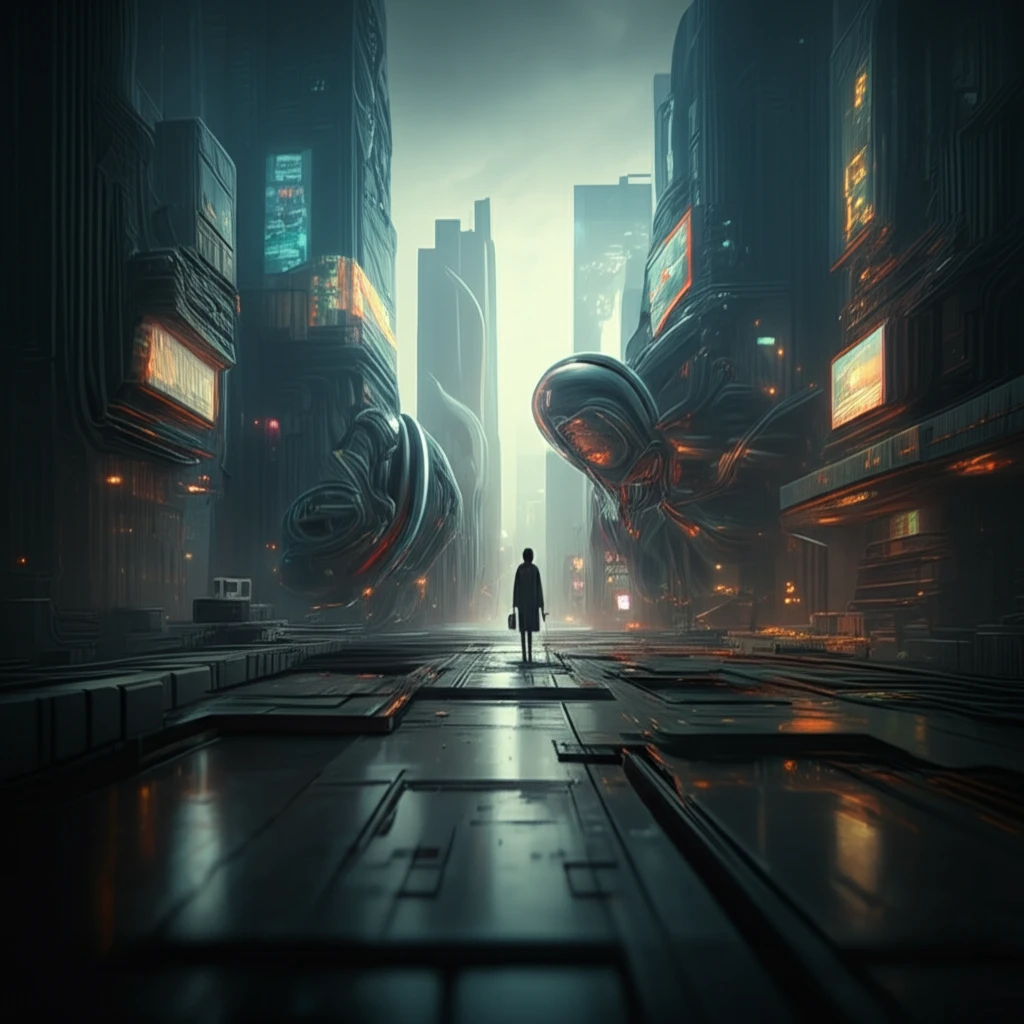 Futuristic cityscape made of magnetorheological fluid