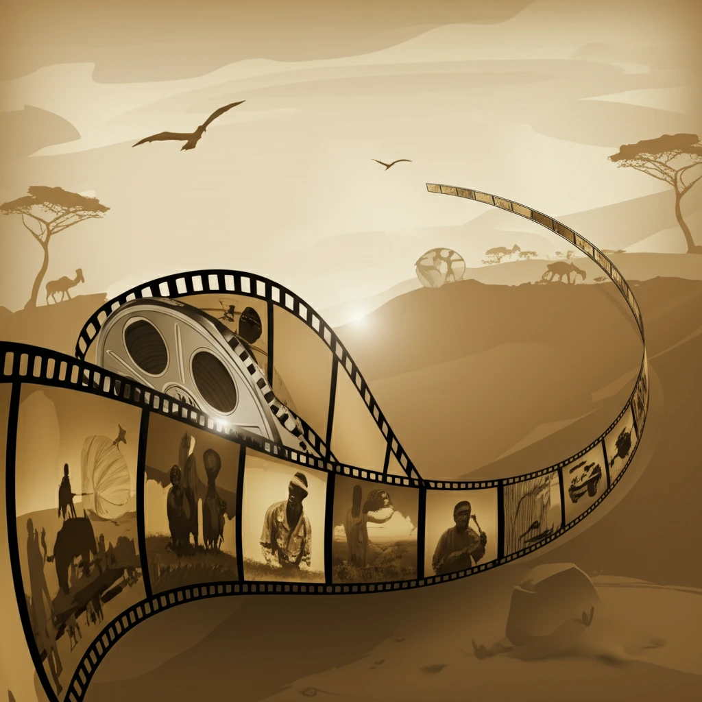 A surreal landscape blending film imagery with the African savanna, representing the universal themes in Idrissa Ouedraogo's cinema.