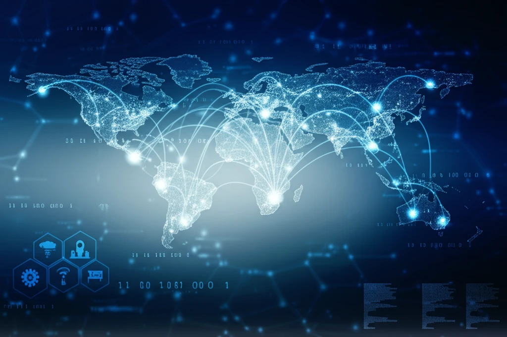 A global map illustrating the projected increases in health spending across different countries through interconnected glowing nodes.