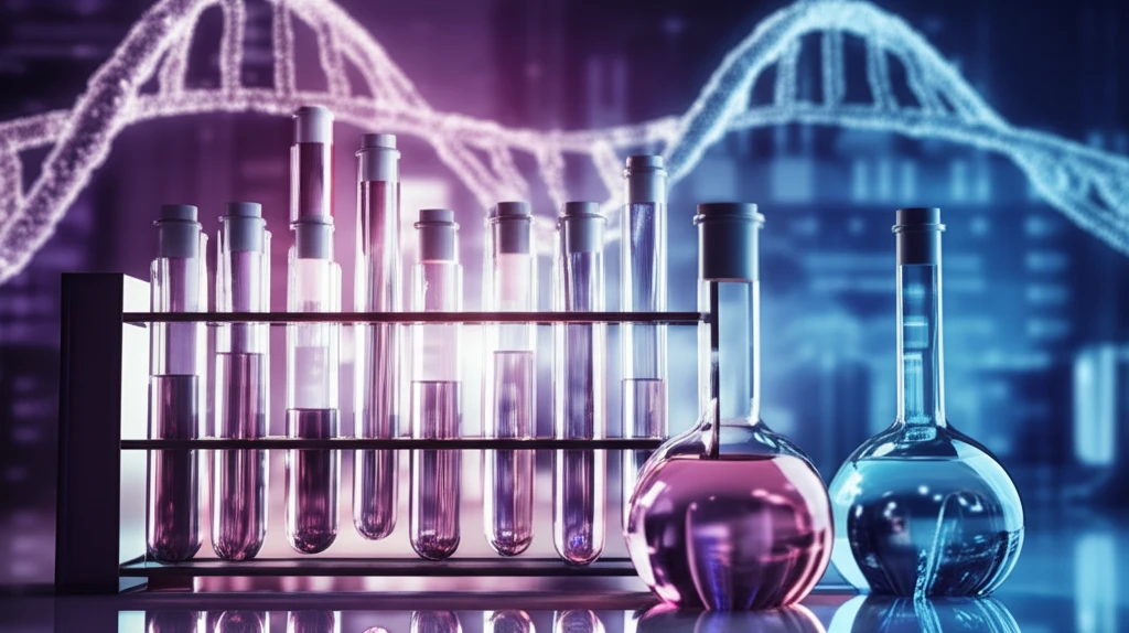 Medical laboratory scene with glowing plasma and DNA backdrop, symbolizing innovative blood testing.