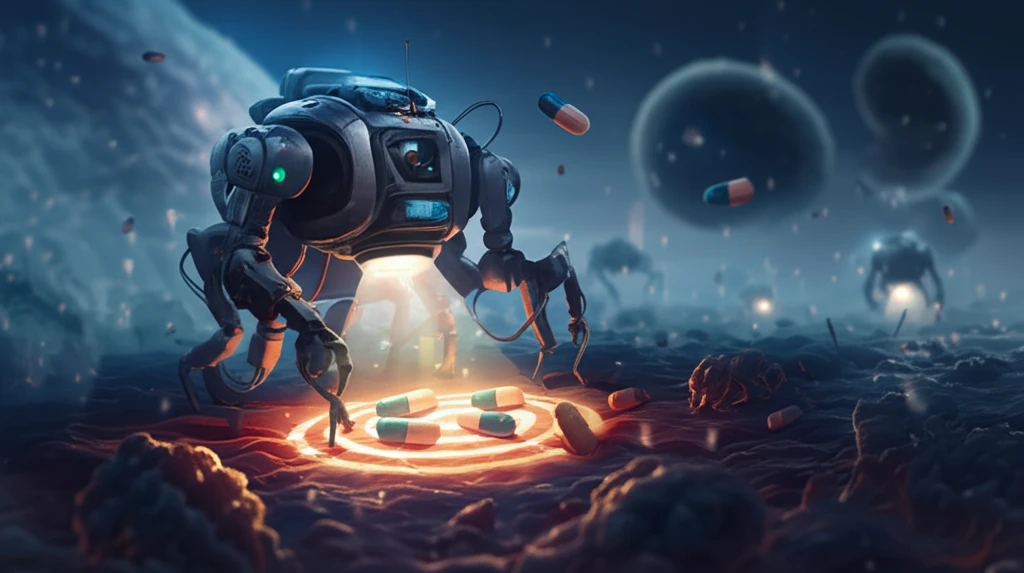 Microscopic robots delivering drugs to a cancer cell.