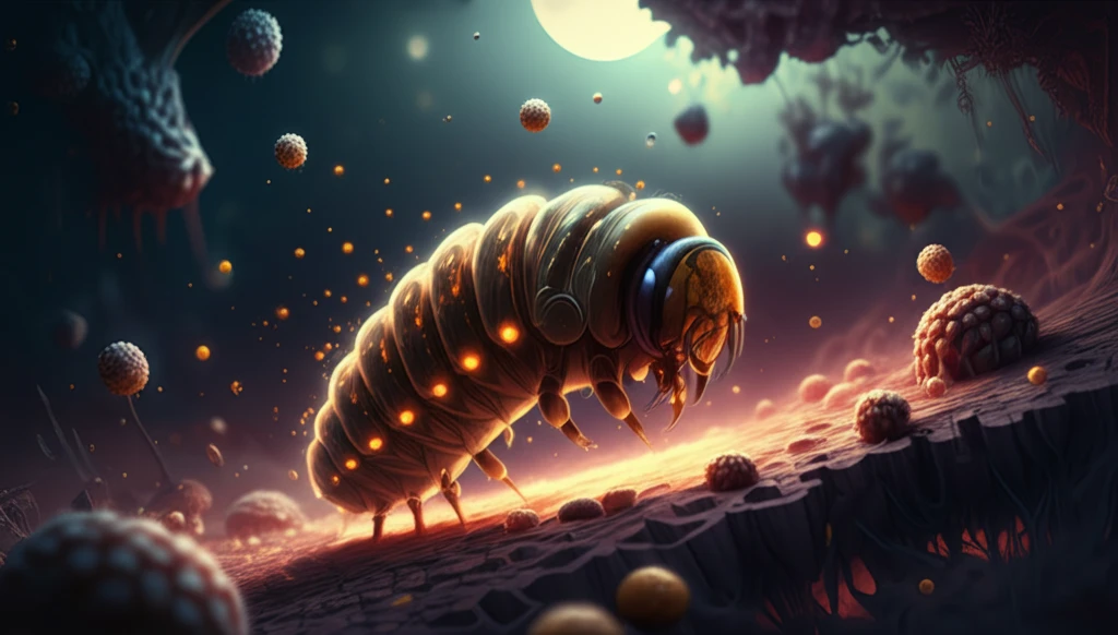 Surreal illustration of a bee larva surrounded by pollen grains in a collapsing ecosystem.
