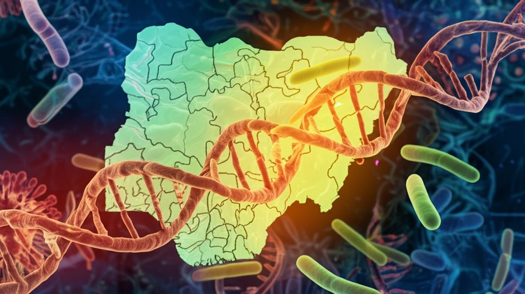 Microscopic view of Mycobacterium tuberculosis bacteria over a map of Nigeria, symbolizing progress in TB diagnosis.