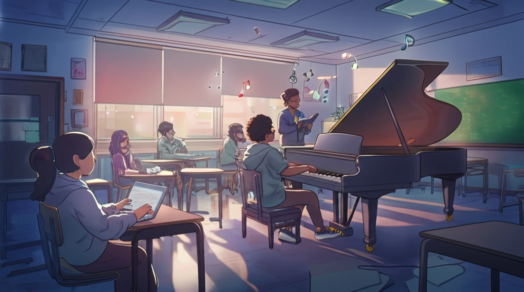 Vibrant classroom of diverse high school students collaborating on music theory at a grand piano.