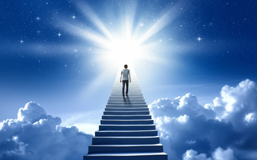 Person climbing stairs towards a hopeful sky, symbolizing hope and success.