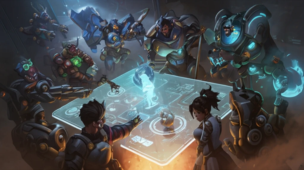 Overwatch characters strategizing on a holographic game map