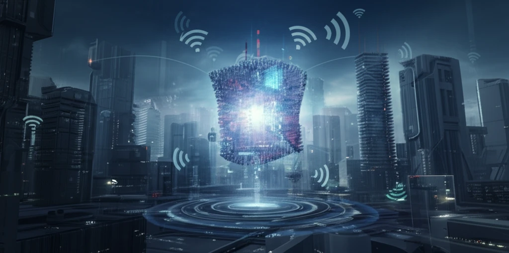 Futuristic cityscape with dynamic wireless signals and a reconfigurable antenna.