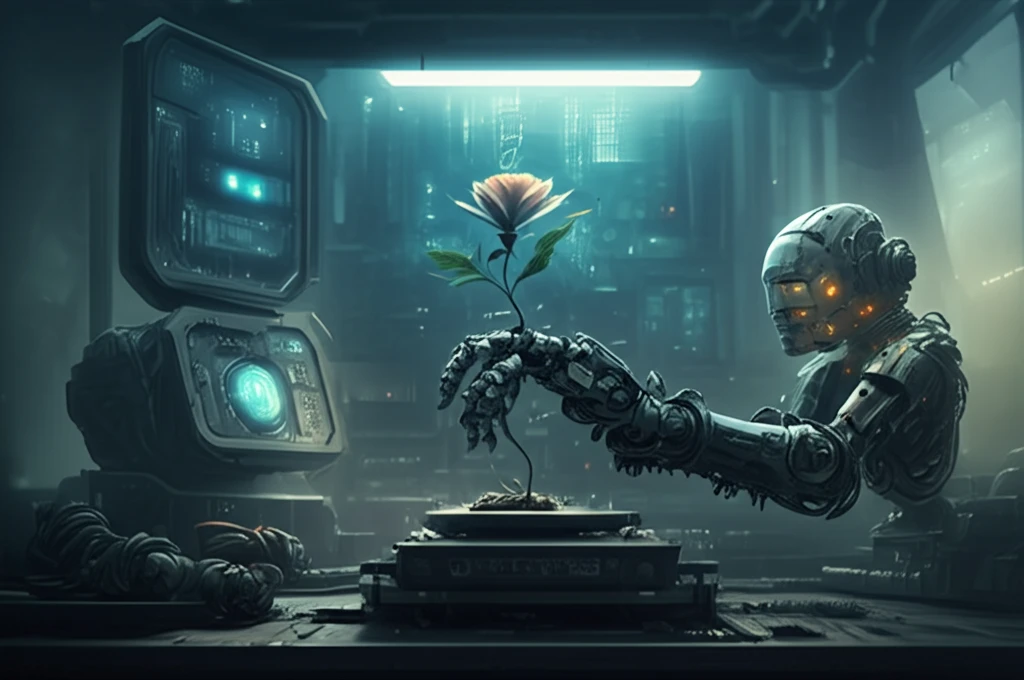 Robotic hand delicately holding a flower