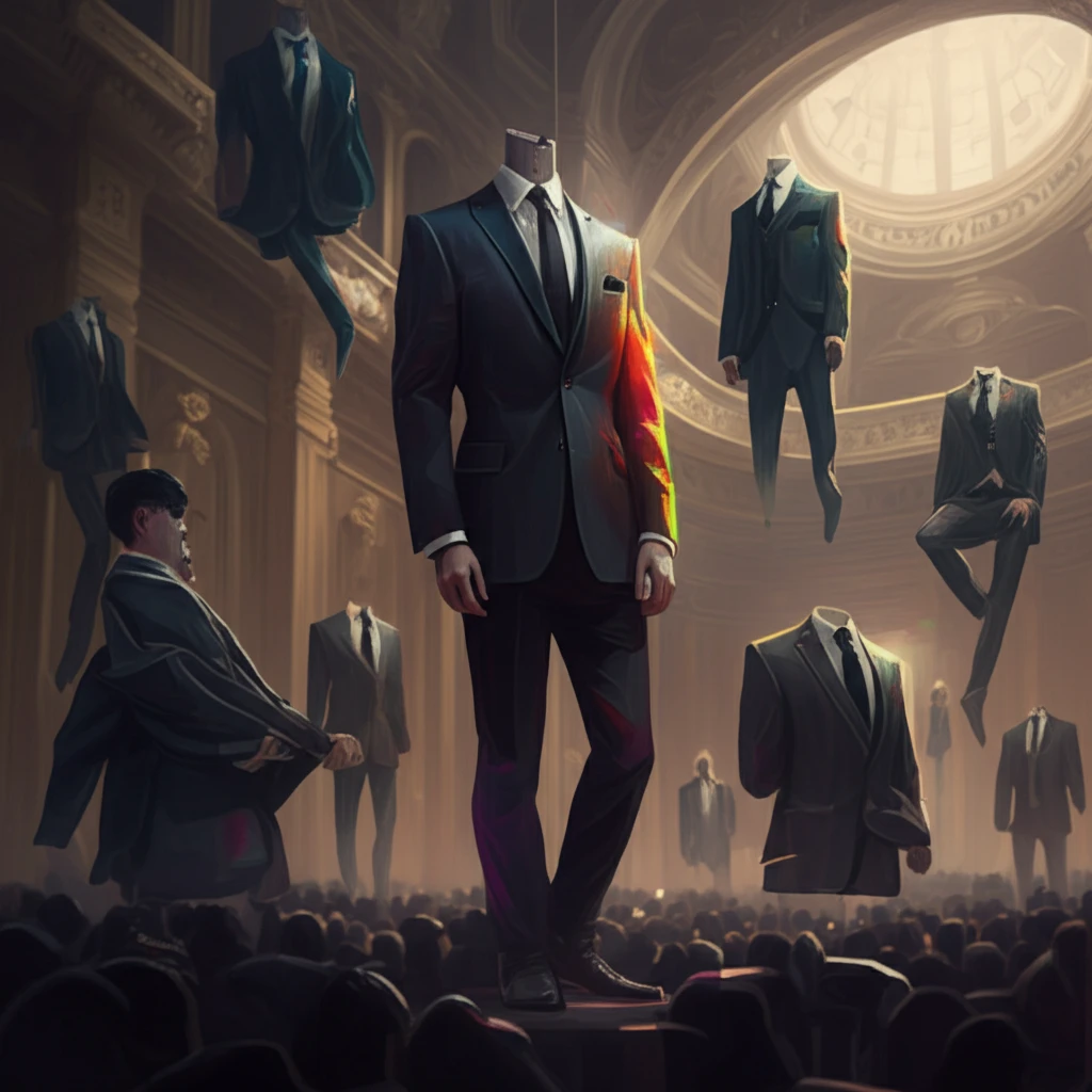 Surreal illustration of suspended suits in a theater, symbolizing memory and identity.