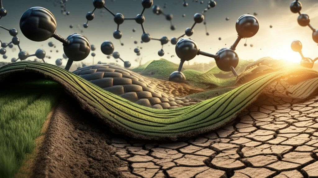 Farmland transitioning into carbon molecules, symbolizing soil carbon sequestration.