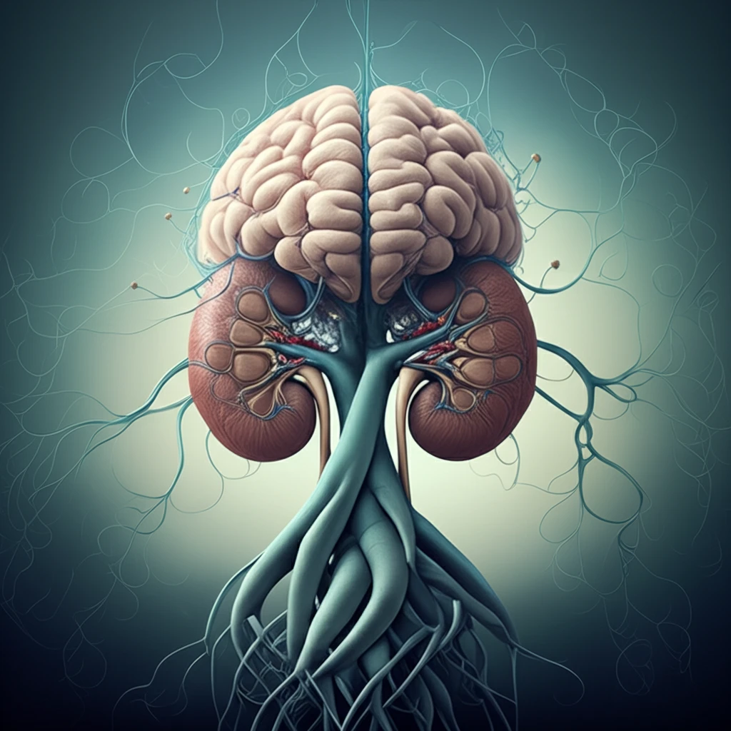 Surreal illustration of a brain intertwined with kidney-shaped roots, symbolizing the link between kidney disease and neurological health.