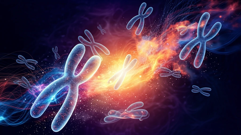 Abstract illustration of chromosomes fading into light, representing near-haploid ALL.