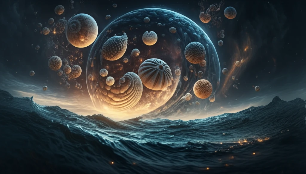 Surreal illustration of foraminifera shells as stars in a galaxy, representing the tracing of ocean currents with stable isotopes.