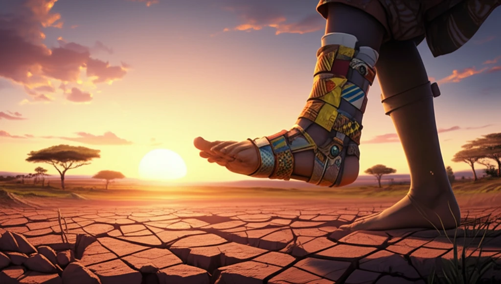 Child's foot emerging from earth, supported by a Steenbeek brace, with a sunrise in the background.