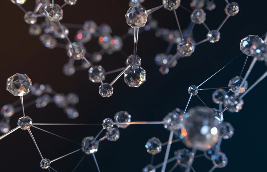 Crystal structure with interconnected atomic networks and glowing highlights.