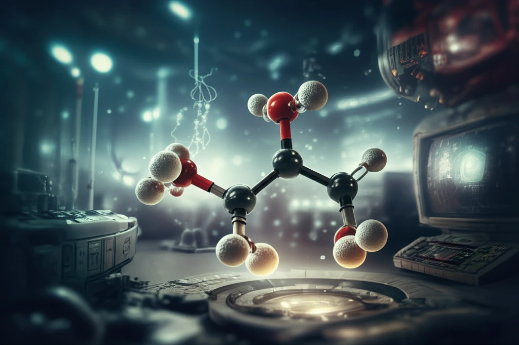 Microscopic view of 2-Aminoisobutyric Acid molecule being analyzed in a pharmaceutical factory.