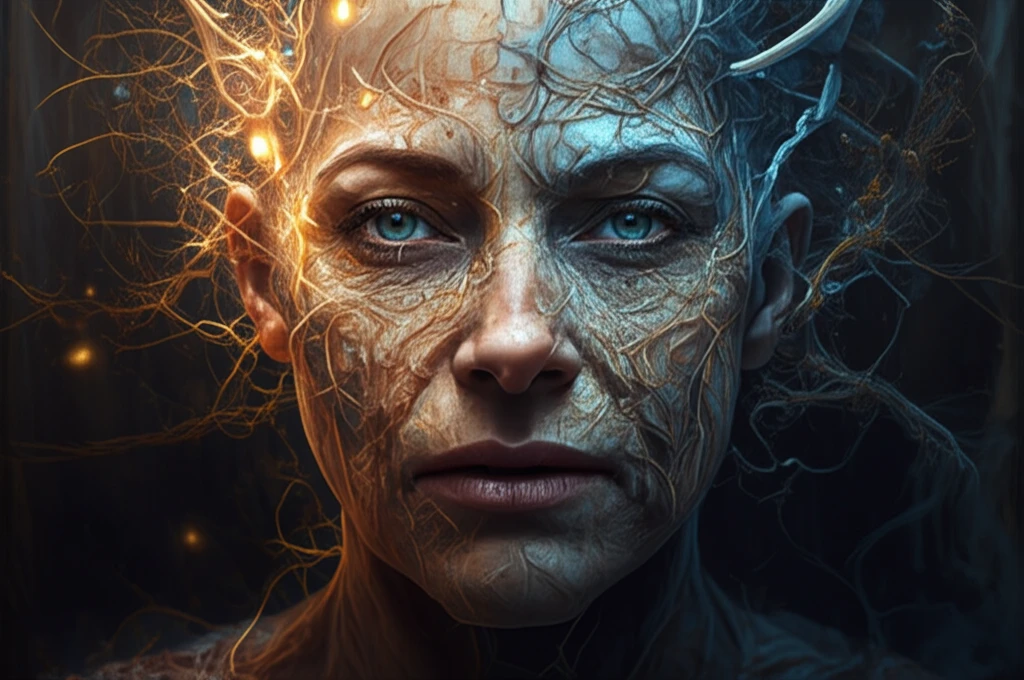 Surreal illustration of skin aging process influenced by SRPK1 levels.