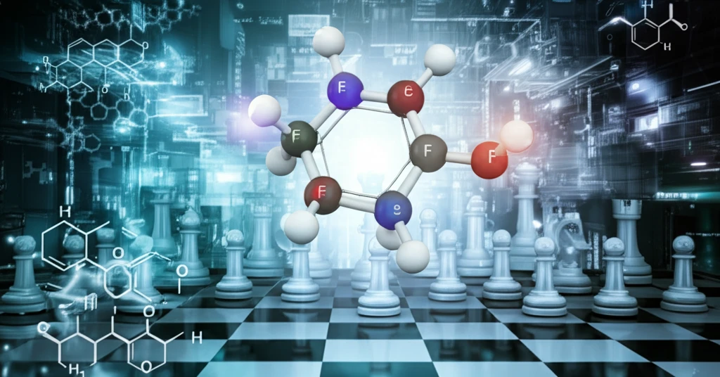 Molecular chessboard with fluorine atoms, symbolizing strategic drug design.