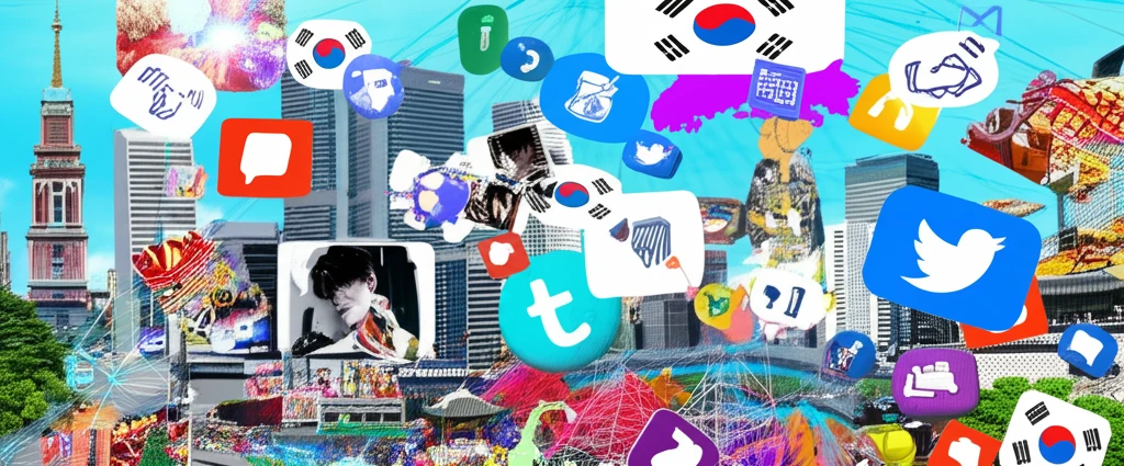 Digital cityscape blending Seoul with global landmarks, representing the Korean Wave's social media influence.