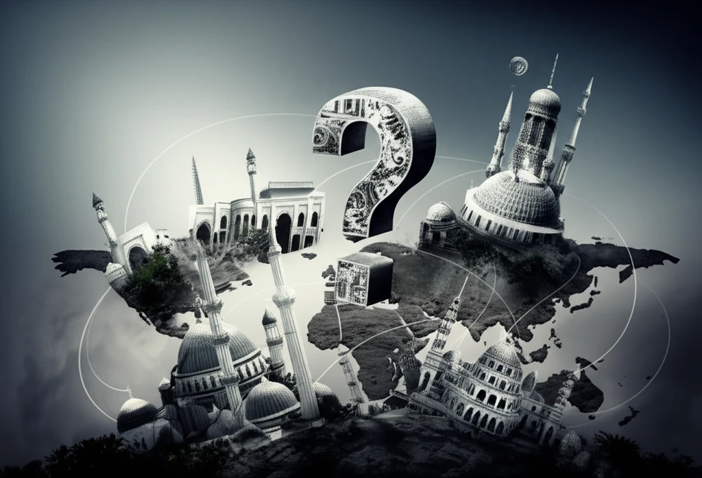 World map with interconnected mosques and government buildings, overlaid with a question mark, symbolizing the complex relationship between Islam and Western policy.