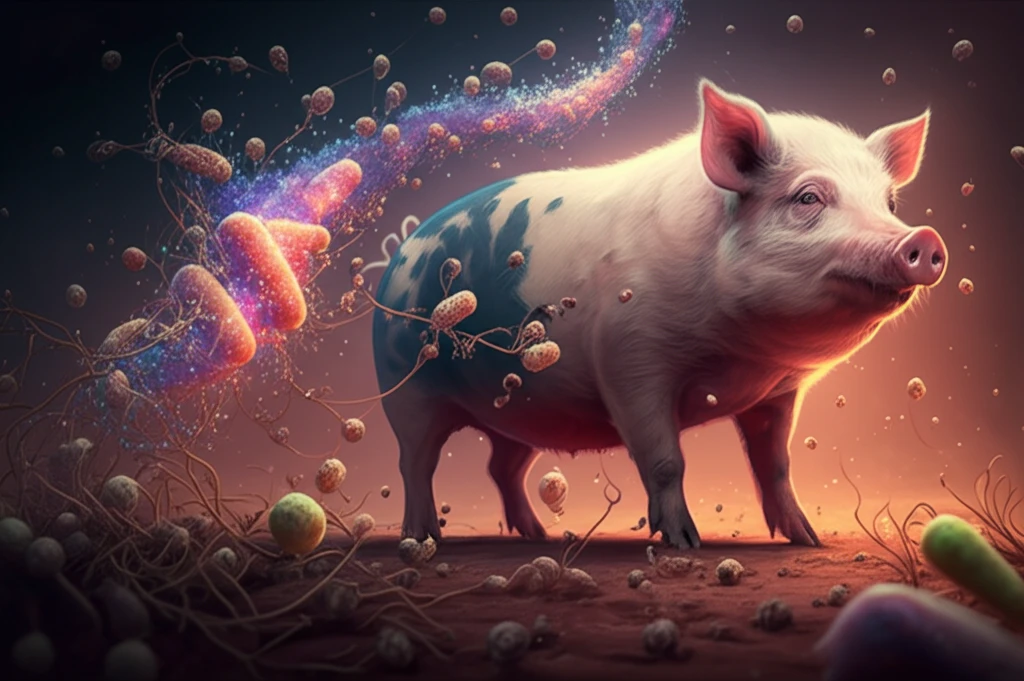 Healthy pig surrounded by probiotic cultures, symbolizing enhanced gut health and immunity.