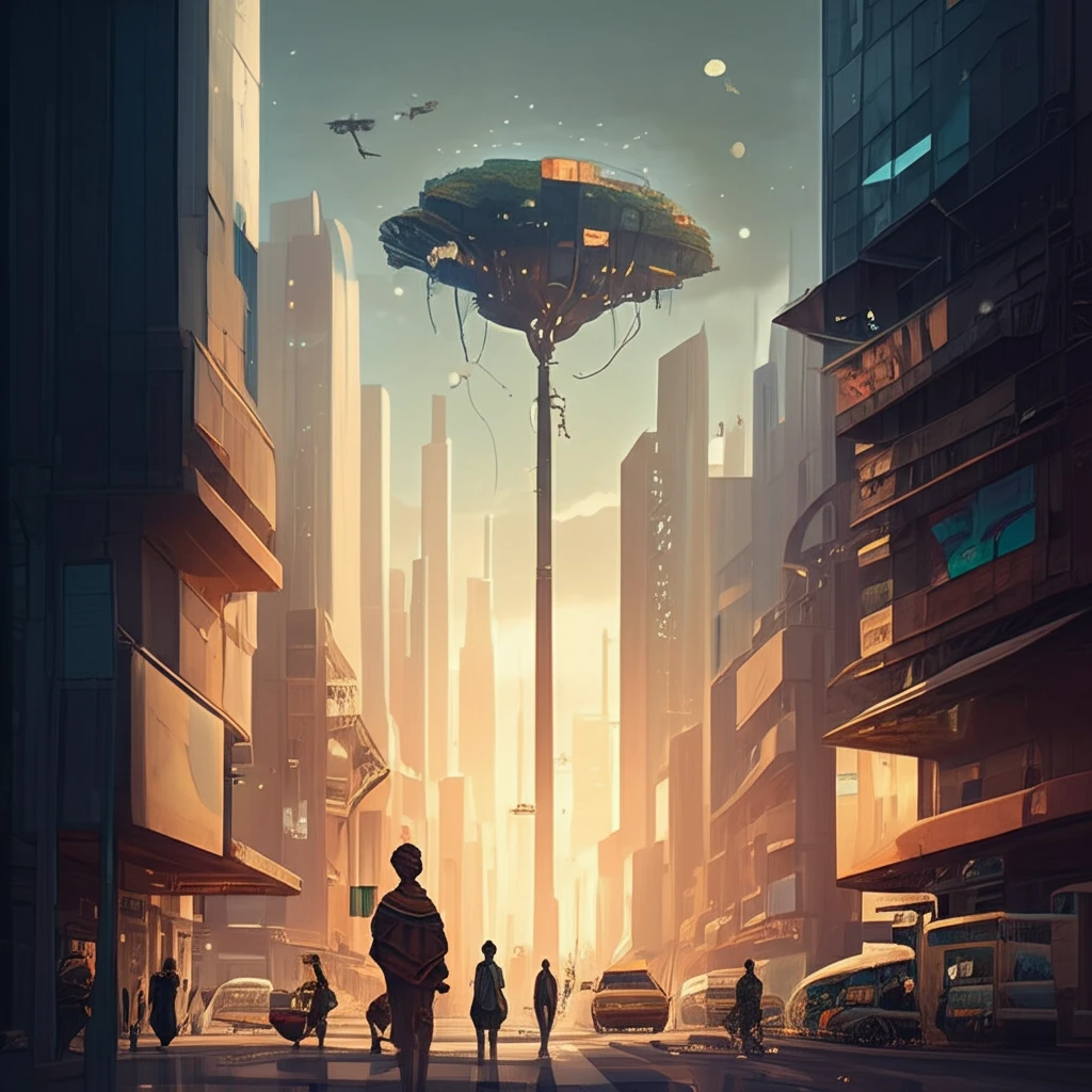 Futuristic African cityscape with modern buildings and traditional markets.