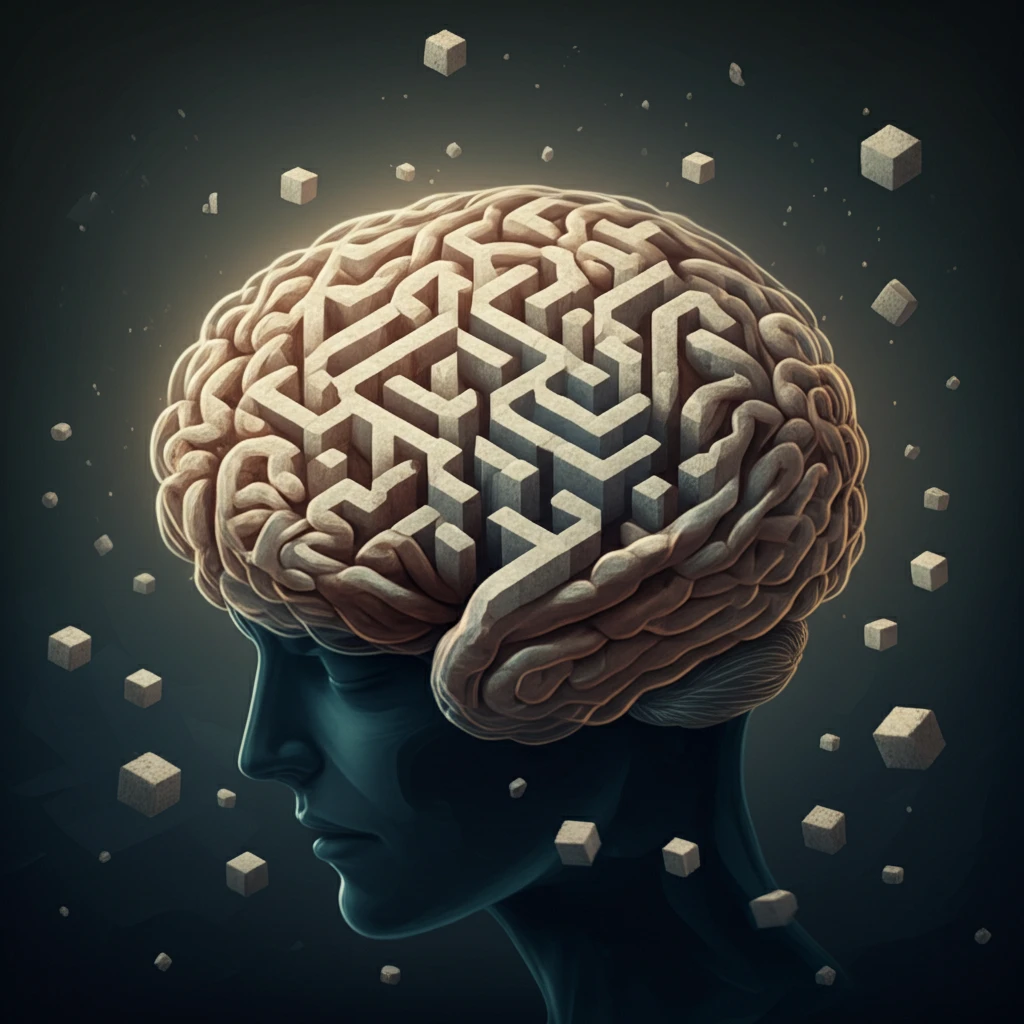 Surreal illustration of a brain maze made of sugar cubes, representing diabetes and cognitive decline.