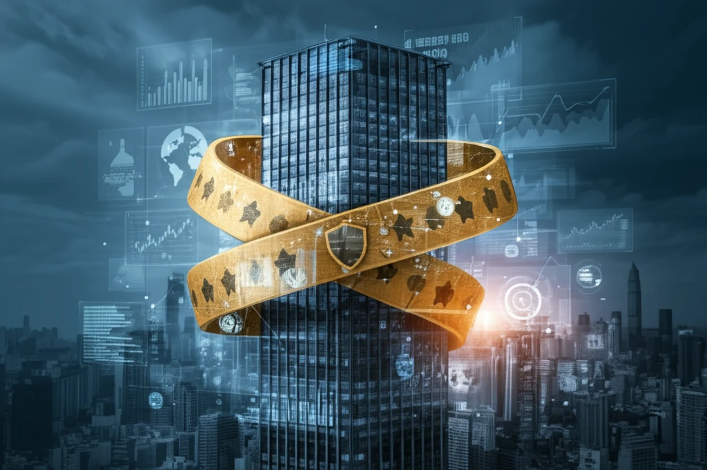 Surreal illustration of a skyscraper with financial charts, protected by a covenant, symbolizing global finance and risk management.