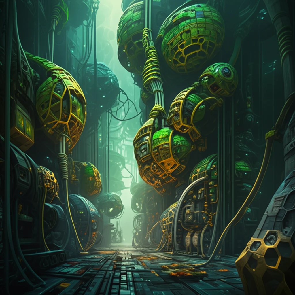 Futuristic factory inspired by nature, featuring organic shapes and vibrant colors.