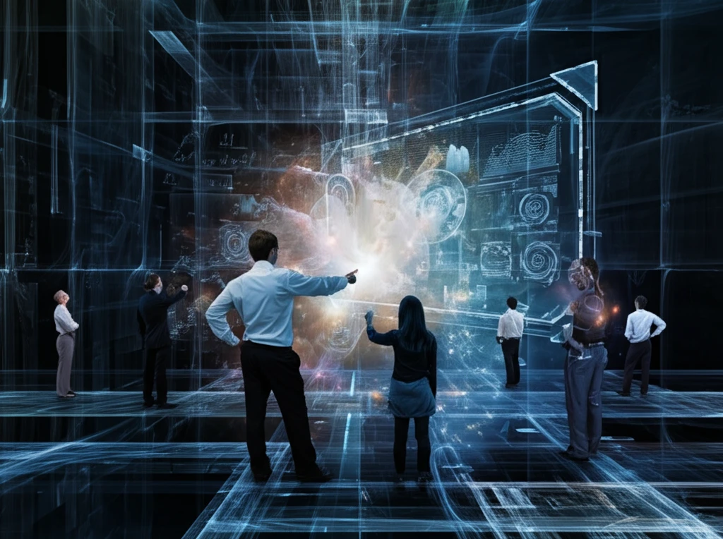 Diverse people engaging with holographic scientific data.