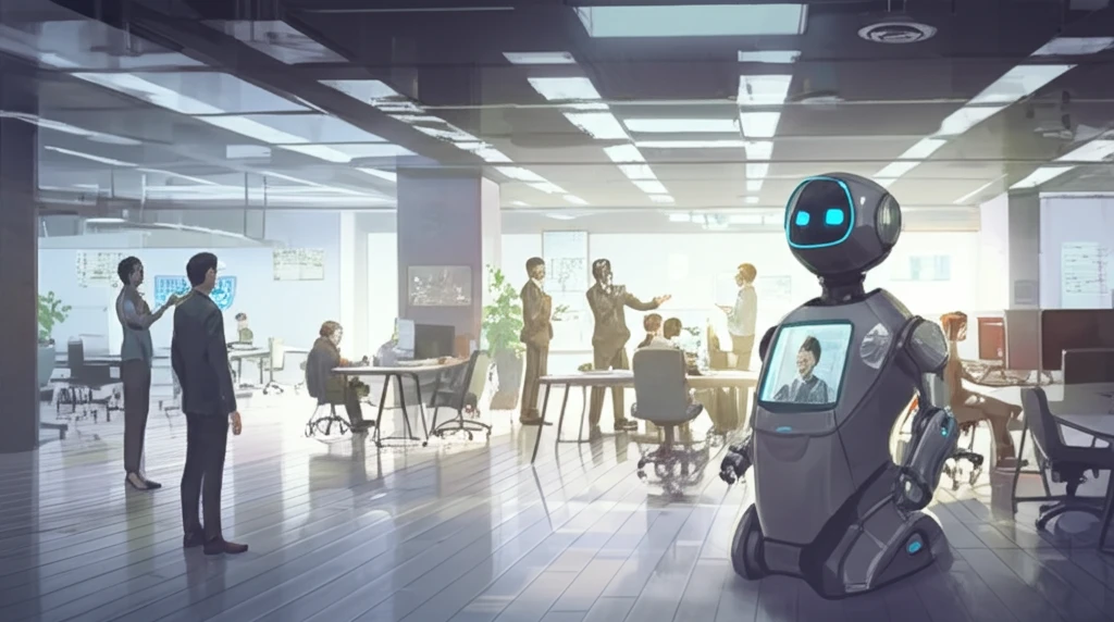 Telepresence robot fostering collaboration in a modern office.