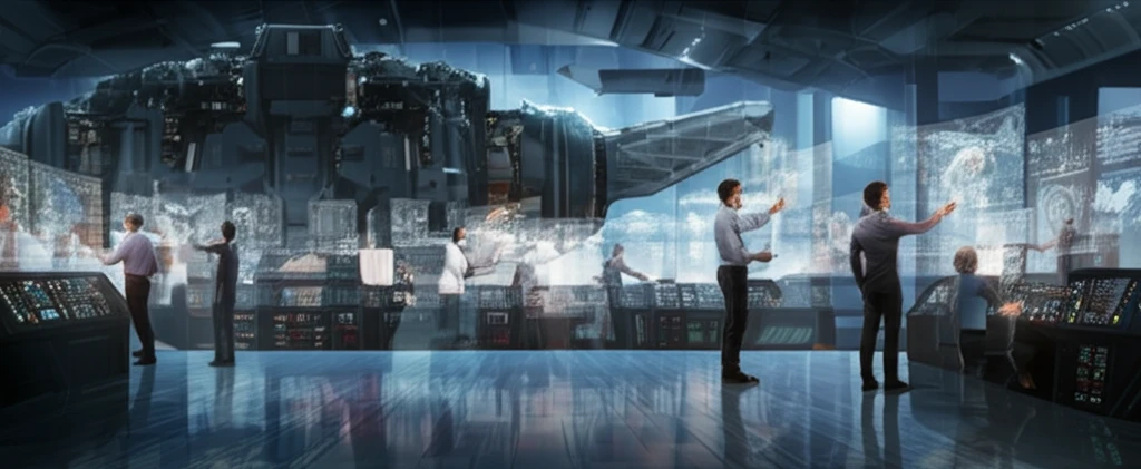 Futuristic aircraft engine control room with engineers analyzing holographic simulations.