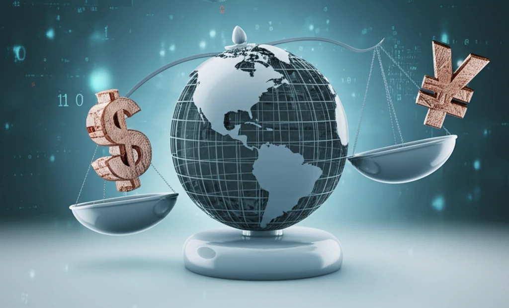Global financial symbols forming a balanced scale