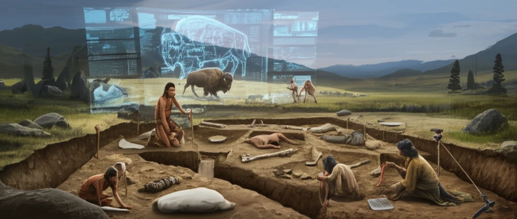 Archaeological dig site with Paleoindian hologram