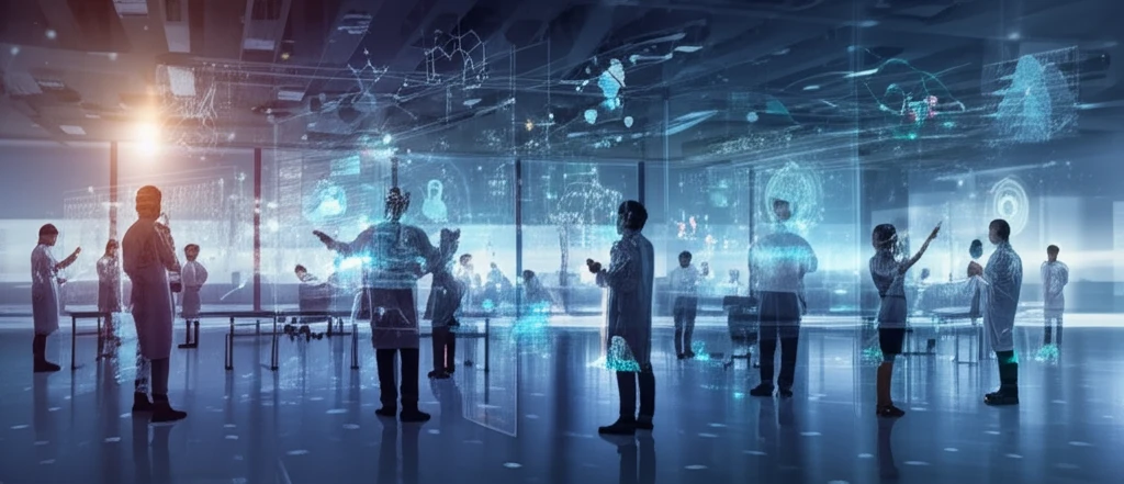 Chemists interacting at a futuristic conference.