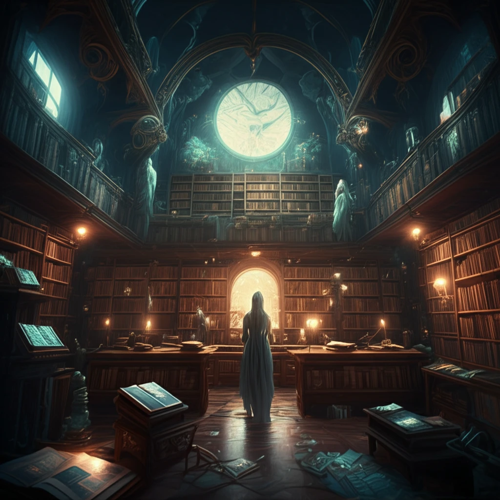 A surreal library filled with glowing books and whispering figures, symbolizing the secrets uncovered through historical research.