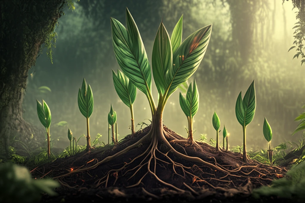 Vibrant assai palm seedlings with glowing roots symbolize nutrient absorption in a surreal Amazonian landscape.