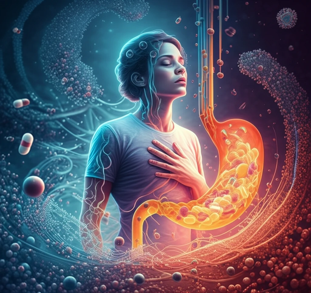 Surreal illustration of acid reflux relief through ion exchange resin drug delivery.