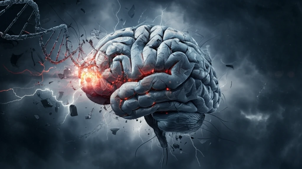 Surreal brain with RNA strands, symbolizing ALS/FTD complexity.