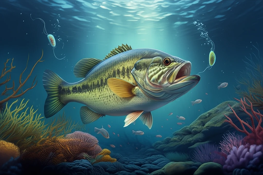 Surreal illustration of largemouth bass with glowing parasites.