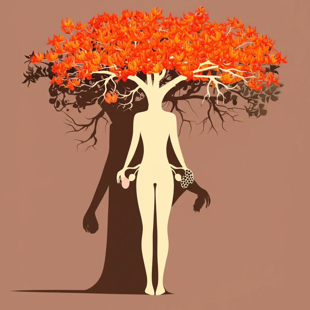 Surreal illustration of Palash tree roots intertwined with healthy ovaries, symbolizing potential fertility effects.