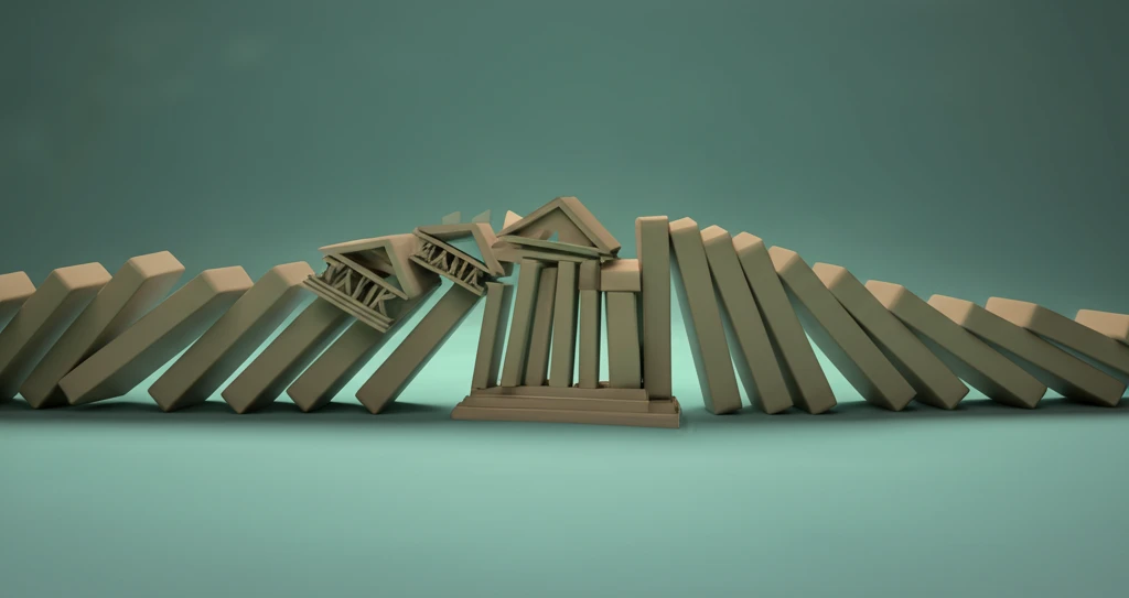 Interconnected banks collapsing, symbolizing contagion risk.
