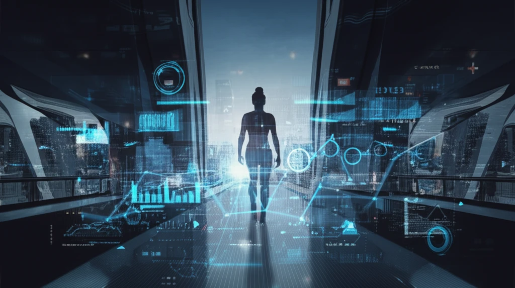 Futuristic illustration of gait analysis in a cityscape