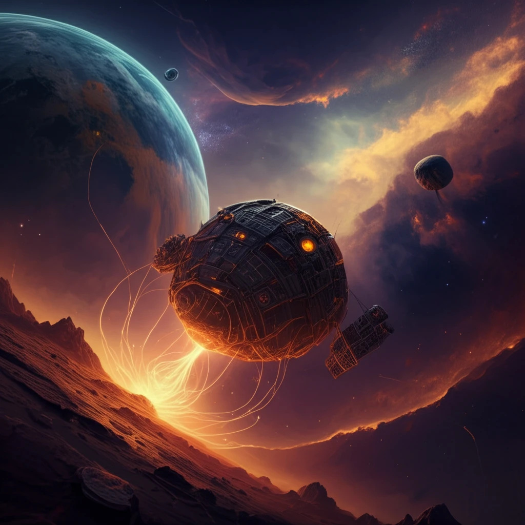 Spacecraft orbiting Mars, illustrating solar wind interaction.